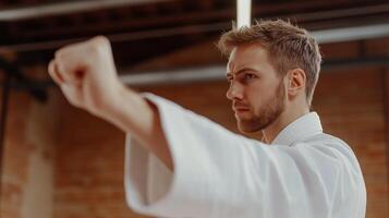 Karate practitioner demonstrating a punch technique in a training dojo during a morning session photo