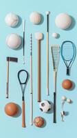 A collection of various sports equipment arranged neatly on a light blue background, showcasing diverse athletic activities and games photo