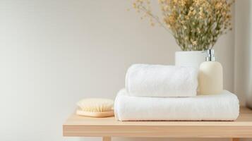 A serene bathroom setting with neatly arranged white towels and a natural brush beside a decorative vase of dried flowers photo