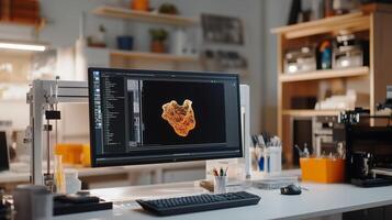 A modern workspace featuring a computer displaying digital artwork in a creative studio setting photo