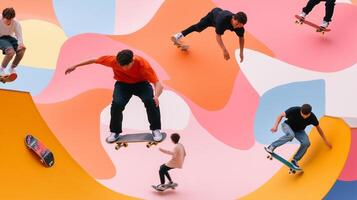 Skateboarders performing tricks on a colorful ramp during a vibrant afternoon gathering at a skate park photo