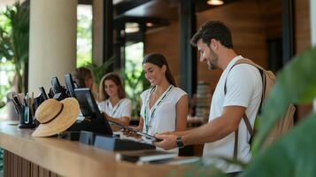 Guests checking in at a tropical resort reception desk, smiling and engaging with staff in a welcoming atmosphere photo