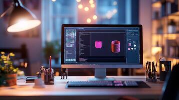 A creative workspace illuminated at night with a computer displaying colorful 3D designs and a cozy atmosphere photo