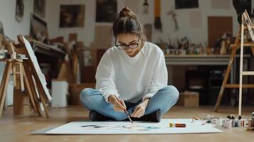 Young artist creating vibrant artwork while seated on the floor in a cozy studio filled with art supplies and easels during daylight photo
