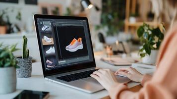 A person designs sneaker models on a laptop in a bright workspace filled with plants and modern decor during the afternoon photo
