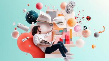 A person enjoying reading a large book while surrounded by colorful abstract shapes and visual elements in a creative space photo