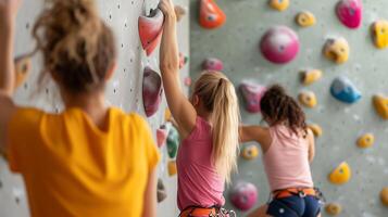 Three individuals climbing a bouldering wall indoors at a climbing gym during a sunny afternoon photo