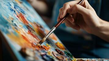 A close-up of a hand painting a colorful landscape on canvas in a well-lit art studio during the afternoon photo