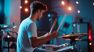 Young drummer performing passionately in a modern studio setting during an evening jam session photo