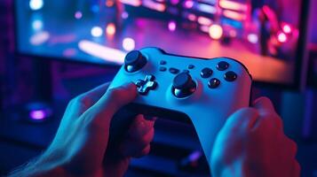 Hands holding a game controller while playing in a vibrant gaming room with colorful lighting at night photo