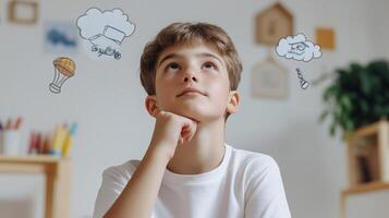 A thoughtful boy contemplating creative ideas while sitting in a bright room with whimsical doodles above his head photo