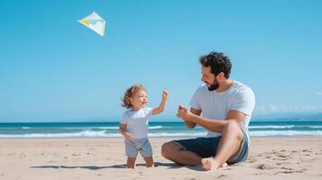 A father and toddler enjoy a sunny day at the beach flying a colorful kite while building memories and enjoying the ocean breeze photo
