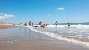 A vibrant summer day at the beach with surfers enjoying the ocean waves and clear blue skies photo