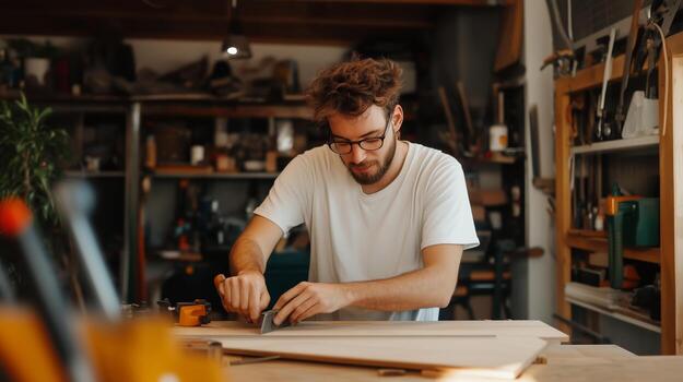 Craftsman working on a woodworking project in a well-equipped workshop during daylight hours, focused on creating precise cuts photo