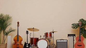 Musical instruments arranged in a cozy room with a warm background and plants in the afternoon light photo