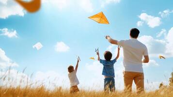 Children joyfully flying kites with their father on a sunny day in an open field surrounded by warm sunshine and fluffy clouds photo