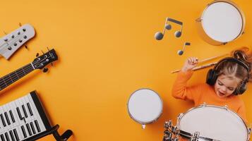 A young child joyfully playing drums while surrounded by musical instruments in a vibrant yellow setting photo