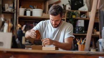 Craftsman working diligently in a workshop, applying glue to wood for a project during daylight hours photo