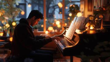 A young musician plays a grand piano surrounded by warm lights and cozy ambiance in a beautifully lit room during the evening photo