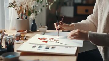 An artist focused on watercolor painting at a sunlit workspace, showcasing skill and creativity on a spring afternoon photo