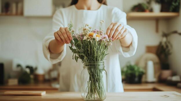 arreglando un Fresco ramo de flores de flores silvestres en un vaso tarro en un de madera mesa rodeado por interior plantas en un acogedor cocina ajuste foto