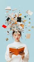 A woman reading a book surrounded by flying pages and colorful snippets of paper against a light blue background photo