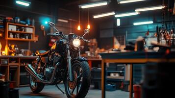 A vintage motorcycle parked in a well-lit workshop with tools and shelves filled with supplies during early evening hours photo