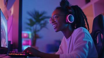 Young gamer enjoying an immersive experience in a colorful gaming setup at home during the evening hours photo