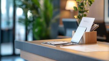 Modern reception area with a neat desk featuring stationery and greenery, creating a welcoming atmosphere for guests in an office setting photo