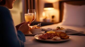 Enjoying a relaxing evening with delicious room service dinner and sparkling drink in a cozy hotel room photo