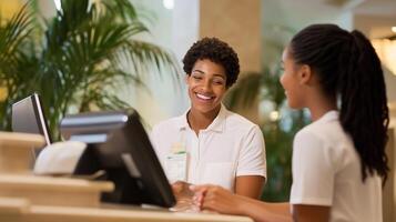 Smiling receptionist assisting a guest at a hotel front desk during a sunny afternoon with tropical plants in the background photo