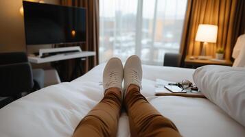 A relaxing moment in a cozy hotel room with a view, featuring comfortable shoes on the bed during a cloudy day photo