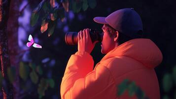 A nature enthusiast observes a butterfly through a camera during twilight in a lush forest setting photo