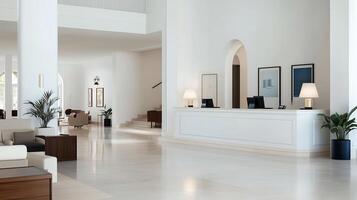 Elegant reception area in a modern hotel featuring bright white interiors and minimalistic decor during daylight hours photo