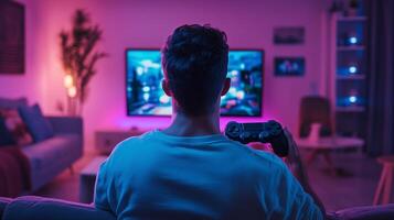 Young adult enjoying a gaming session in a cozy, colorful living room during the evening hours photo