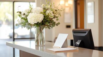 Elegant flower arrangement at a modern reception desk in a bright, welcoming lobby during daytime photo