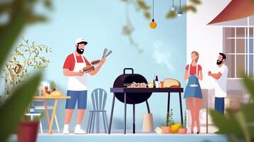 Outdoor barbecue gathering featuring friends enjoying grilled food at a cozy backyard setting during a sunny afternoon photo