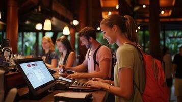 Guests checking in at a tropical resort reception during the daytime with warm lighting and a welcoming atmosphere photo