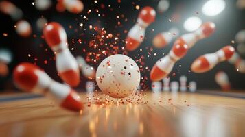 A bowling ball collides with pins, sending them flying in a dynamic action shot inside a vibrant bowling alley photo