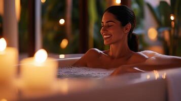 A woman enjoys a relaxing moment in a candlelit bathtub surrounded by greenery in a serene indoor setting during the evening photo