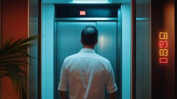 A man stands in front of an elevator with illuminated floor numbers in a modern building at night photo