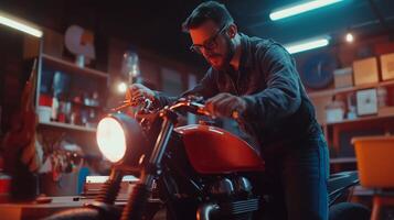 A man works diligently on customizing a motorcycle in a dimly lit workshop during the evening hours photo
