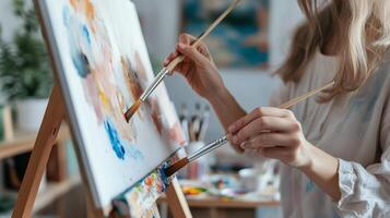 A young artist creating a colorful painting on canvas while using multiple brushes in a bright studio space photo