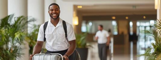 Smiling traveler with a suitcase walks through a modern hotel lobby, ready for an exciting adventure photo