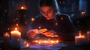 A young woman practices tarot card reading under candlelight in a dimly lit room, creating a mystical atmosphere at night photo