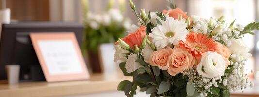 Bright floral arrangement featuring white and peach blooms in a flower shop during daylight hours photo
