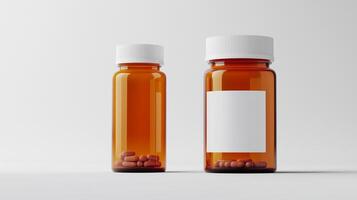 Two amber prescription bottles with white caps in a minimalistic setting showcasing different sizes and contents photo