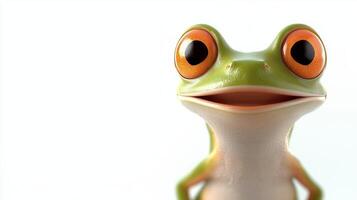 A close-up of a vibrant green frog with large, expressive orange eyes against a plain background during daylight photo