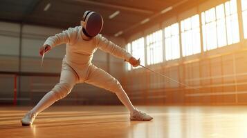 A fencer practices in an illuminated training hall during golden hour, showcasing agility and focus in the sport photo