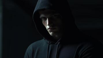 Mysterious figure in a dark hoodie stands in shadowy surroundings during nighttime photo